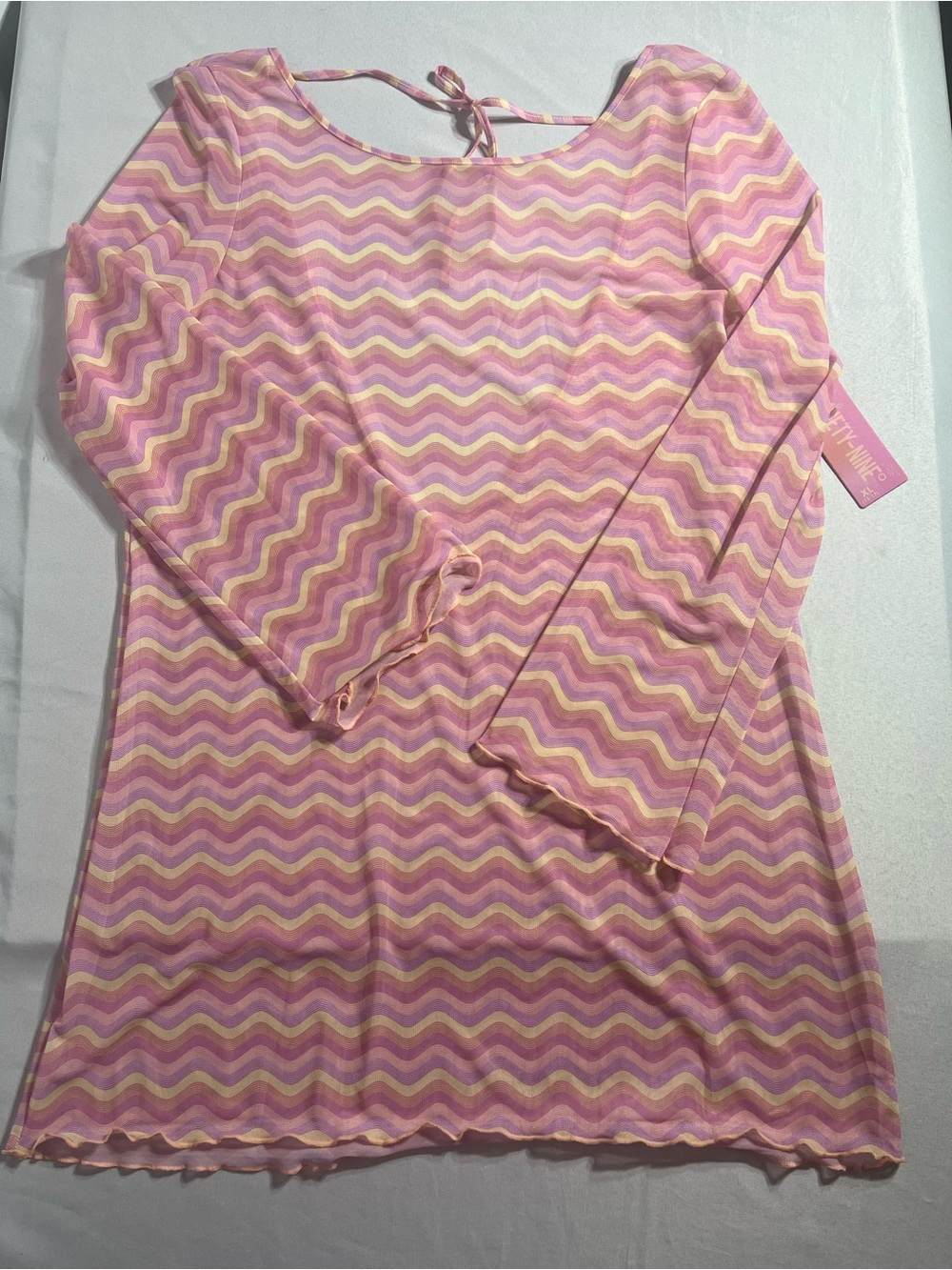Retro 70s Pink Sheer Chevron Wave Long Sleeve Scoop Back Swim Coverup Dress XL